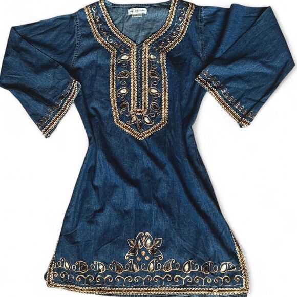 Vintage Embroidered Dark Washed Denim Tunic Gold & Brown Embroidered Shirt Dress - Picture 1 of 8